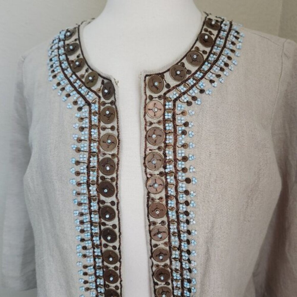 Chicos Jacket Women's 2 L 12 Embellished 100% Linen 3/4 Sleeves Tan Boho Casual - Picture 3 of 15